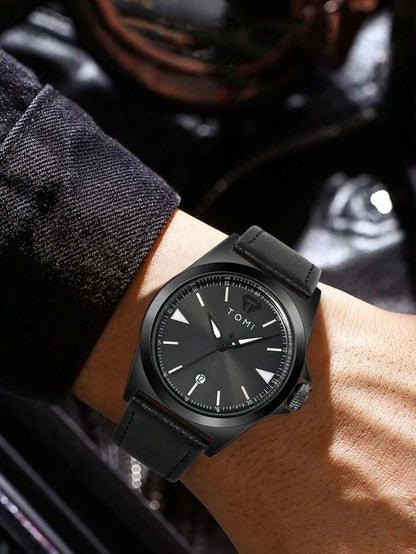 All Black TOMI T-041 Business Watch Date Quartz - Tomi Watches